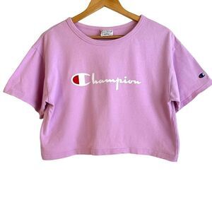 Champion Pink Reverse Weave Logo Cropped T Shirt Size Small